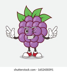 A picture of Boysenberries cartoon mascot character with Winking eye