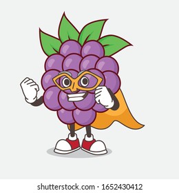 A picture of Boysenberries cartoon mascot character dressed as a Super hero