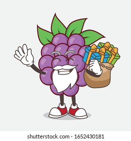 A picture of Boysenberries cartoon santa mascot character having a sack of gifts
