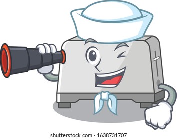 A picture of bread toaster working as a Sailor with binocular