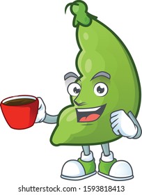 Picture of broad beans character with a cup of coffee