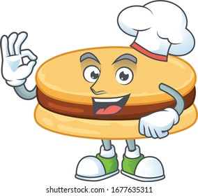 A picture of brown alfajor cartoon character wearing white chef hat