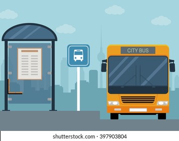Picture of bus on the bus stop. Flat style illustration 