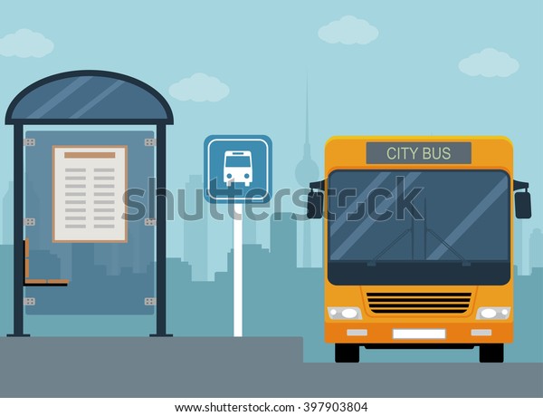 Picture\
of bus on the bus stop. Flat style illustration\
