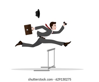picture of a business man with briefcase and smartphone jumping higher over hurdle,
