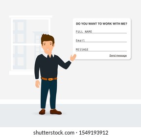 Picture of a businessman pointing at the info about hiring. Searching, Human Resources, Recruitment Concept for web page, banner, presentation, social media, documents, cards, posters. Contact me! 