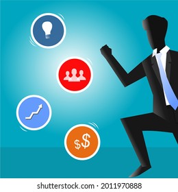 picture of a businessman and various icons in a circle next to it