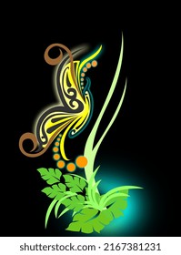 Picture of a butterfly in a flower, painted with Indonesian Papua carvings