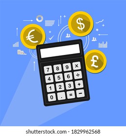 picture of a calculator and some money icons and graphs on it