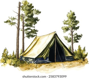 Picture of a camp in a forest hand drawn in watercolor isolated on a white background. Watercolor illustration vector 