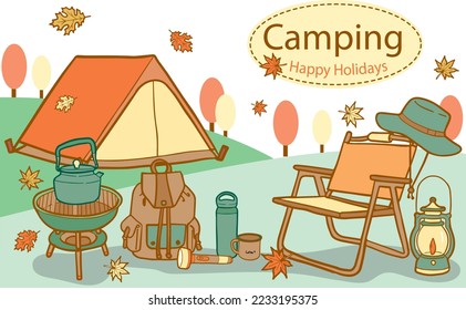 Picture of camping and various camping equipment.