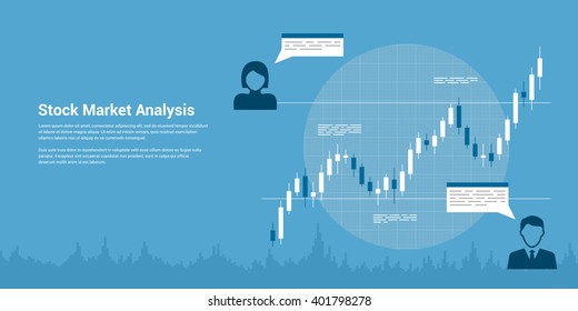 picture of candlestick graph with icons of people, flat style banner, stock market analysis, forex trading, business analytics, investmen? concept