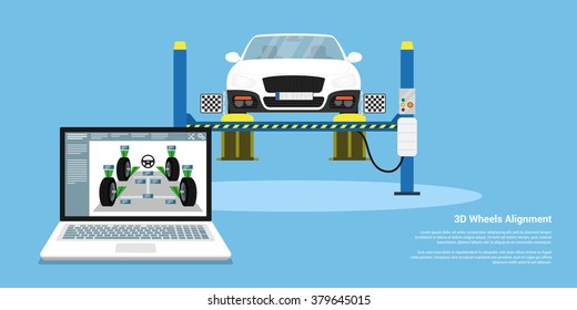 Picture of a car with alignment sensors on wheels. Flat style background for wheels alignment service