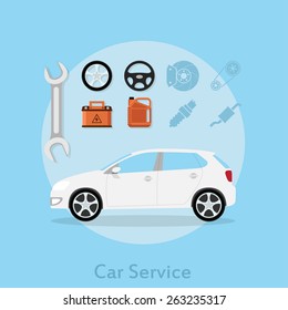 picture of a car with icons of wheel, steering wheel, car battery, oil can, wrench and other, flat style illustration, car service concept