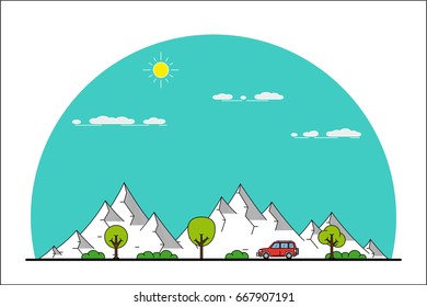 picture of a car moving in front on mountain landscape, flat line art style illustration