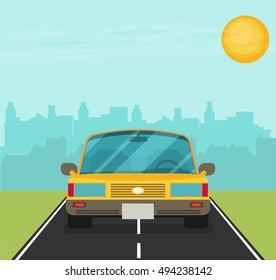 Picture of car on the road with city silhouette on background, flat style illustration