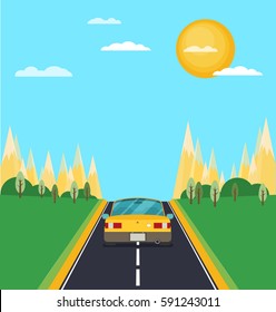 Picture of car on the road with city silhouette on background, flat style illustration