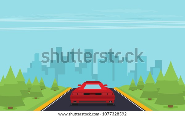 Picture of car on the road with city\
silhouette on background, flat style\
illustration