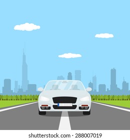 Picture Of Car On The Road With Forest And Big City Silhouette On Background, Flat Style Illustration