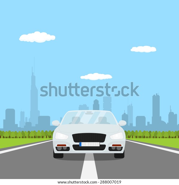 picture of car on the\
road with forest and big city silhouette on background, flat style\
illustration