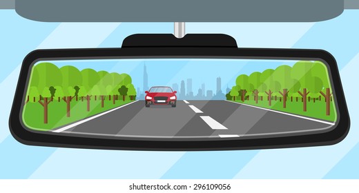 picture of a car rear view mirror reflected road, another car, trees and big city silhouette, flat style illustration