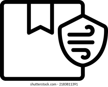 Imagen de un paquete de cartón con un escudo y viento en el interior que simboliza el paquete protegido del viento, el polvo y el tiempo.