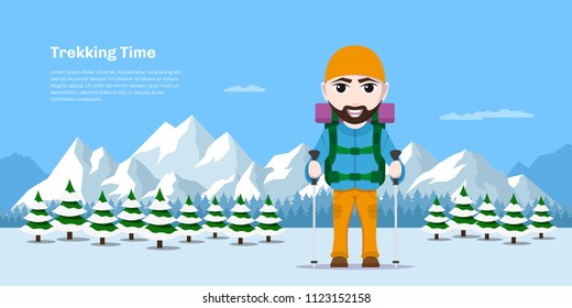 picture of cartoon hiking tourist man with large backpack and trekking poles with forest and mountains on background, character design, trekking, hiking, mountaneering concept, flat style banner