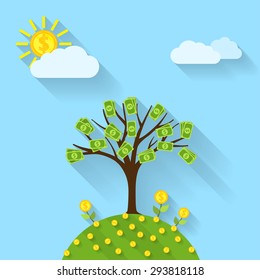 Picture Of A Cartoon Landscape With Money Tree, Sun, Flowers And Clouds, Flat Style Illustration