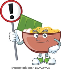 A picture of Cartoon mascot of bowl of noodle rise up a broad