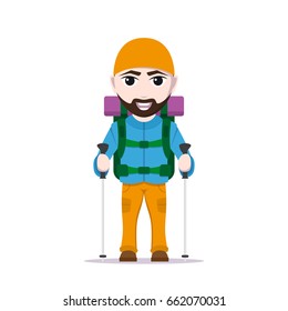 picture of cartoon traveler with large backpack and trekking poles, tourist man character isolated on white background