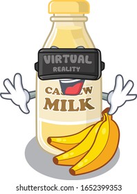 A Picture of cashew milk character wearing Virtual reality headset