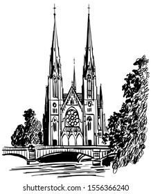 picture, catholic gothic cathedral of the city of Strasbourg in Alsace, France, sketch, hand-drawn digital vector illustration