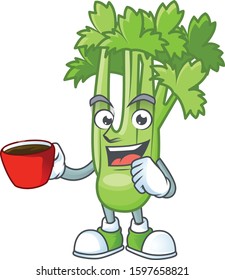 Picture of celery plant character with a cup of coffee