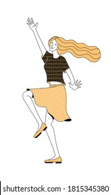 Picture Of Cheerful Active Young Blonde Female Character With Long Hair And Yellow Skirt Raising Hand On White Background As Power Of Positive Thinking