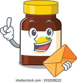 A picture of cheerful bottle vitamin c cartoon design with brown envelope
