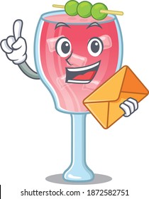 A picture of cheerful cosmopolitan cocktail cartoon design with brown envelope