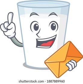 A picture of cheerful glass of milk cartoon design with brown envelope. Vector illustration