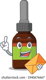 A picture of cheerful liquid bottle caricature design concept having an envelope. Vector illustration