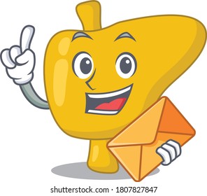 A picture of cheerful liver cartoon design with brown envelope