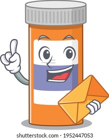 A picture of cheerful pills drug bottle caricature design concept having an envelope. Vector illustration