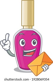 A picture of cheerful pink nail polish caricature design concept having an envelope. Vector illustration
