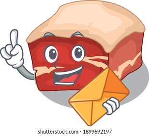 A picture of cheerful pork belly caricature design concept having an envelope. Vector illustration