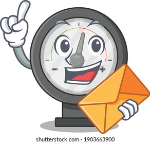 A picture of cheerful pressure gauge caricature design concept having an envelope