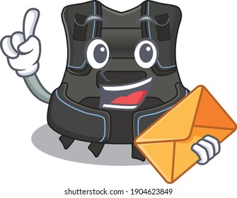 A picture of cheerful scuba buoyancy compensator caricature design concept having an envelope
