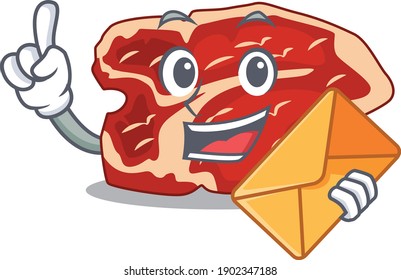 A picture of cheerful T-bone caricature design concept having an envelope. Vector illustration