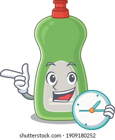 A picture of cheery dishwashing liquid holding a clock. Vector illustration