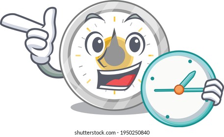 Ein Bild des fröhlichen alten Küchenzeitgebers, der eine Uhr hält. Vektorgrafik