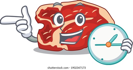 A picture of cheery T-bone holding a clock. Vector illustration