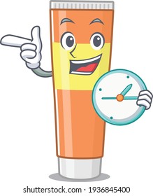 Ein Bild von fröhlicher Zahnpasta, die eine Uhr hält. Vektorgrafik