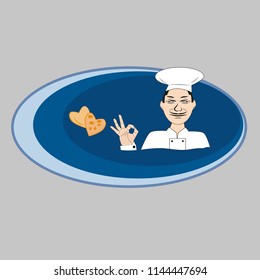 In the picture, the chef, the cook, the confectioner on the oval background. Announcement of the confectionery bakery, dining room, shop, cafe, baking buns.